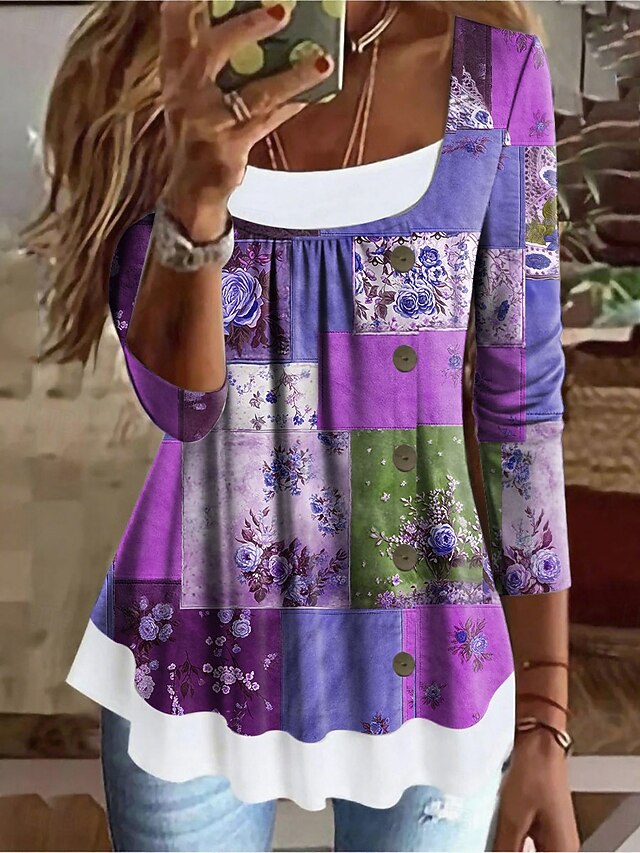 Women's T Shirt Patchwork Buttons Print Floral Graphic