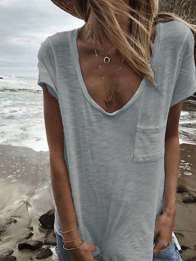 Women's T Shirt Pocket Plain Basic Short Sleeve V Neck