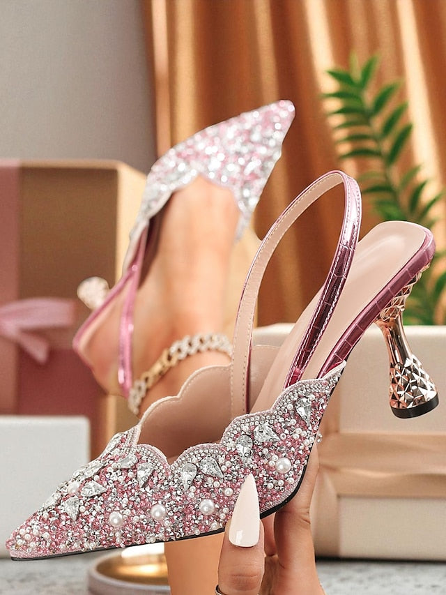 - Heels Women's Toe Rhinestone Slingback Pointed Party Pink
