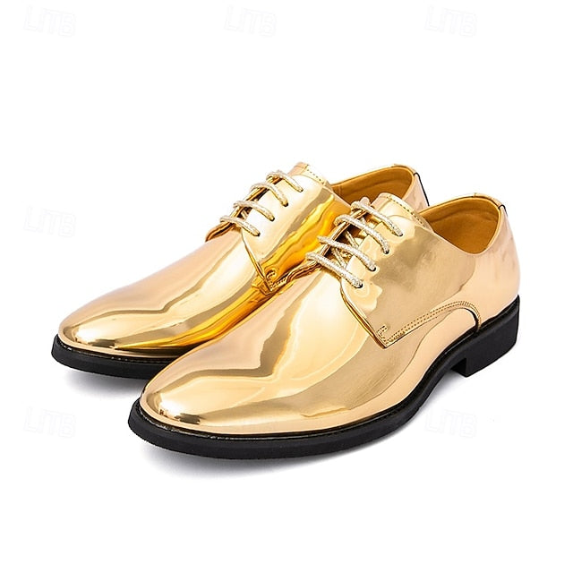 Gold – for Lace-Up Sleek Shoes Leather Men Patent Shiny
