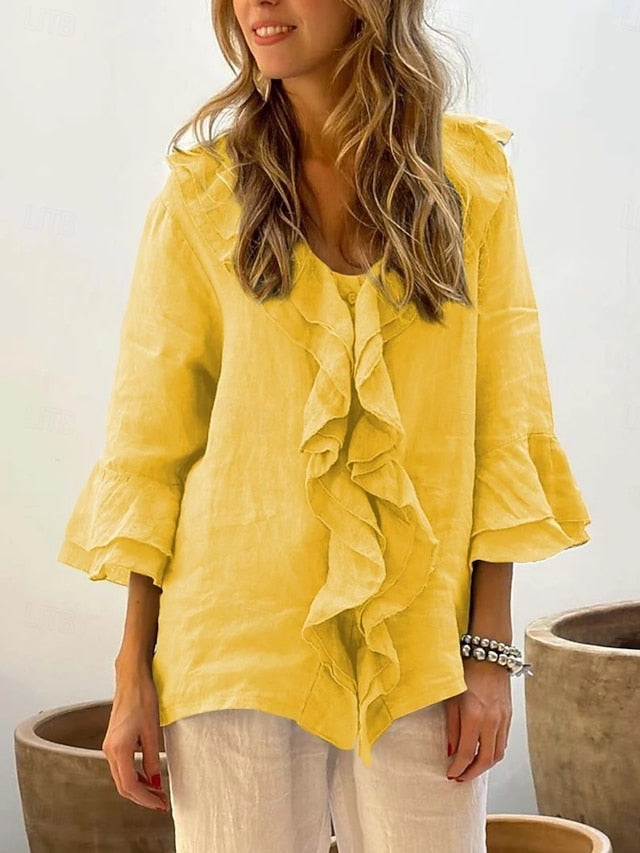 Women's Summer Shirt Casual Shirt Blouse Ruffle Solid Color