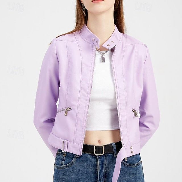 Faux Zipper Jacket Pocket Leather Women's Comfortable