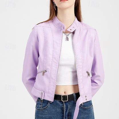 Faux Zipper Jacket Pocket Leather Women's Comfortable