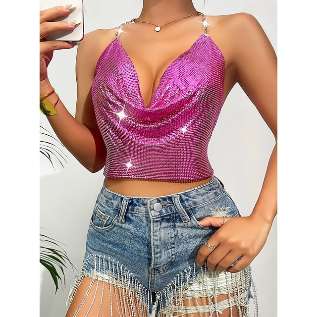 Metallic Chain Camisole Top Sparkle Crop Backless Body Tank