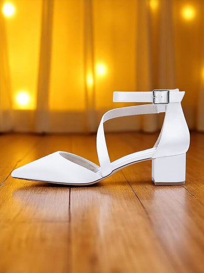 Pointed Toe Satin Champagne Block Heels - Women's