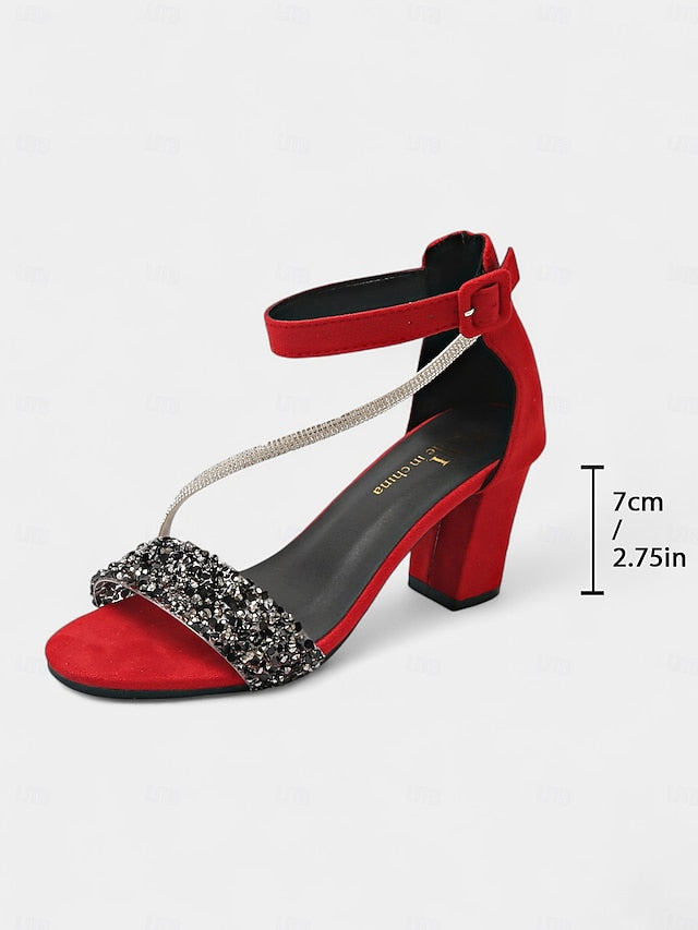 Strap Heel Women's with Block Ankle Rhinestone Sandals