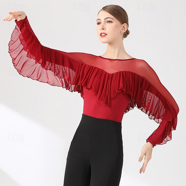 Women's Ballroom Dance Top Sheer Mesh Ruffle Batwing Sleeve