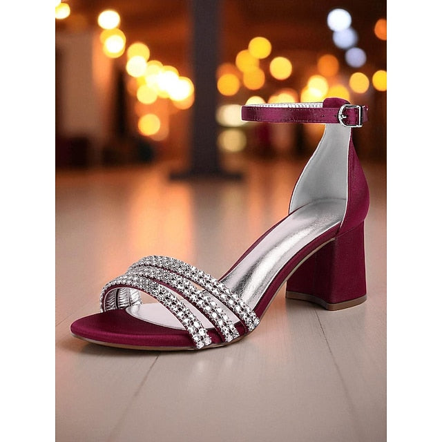 with Purple Satin Heel Women's Rhinestone Block Sandals