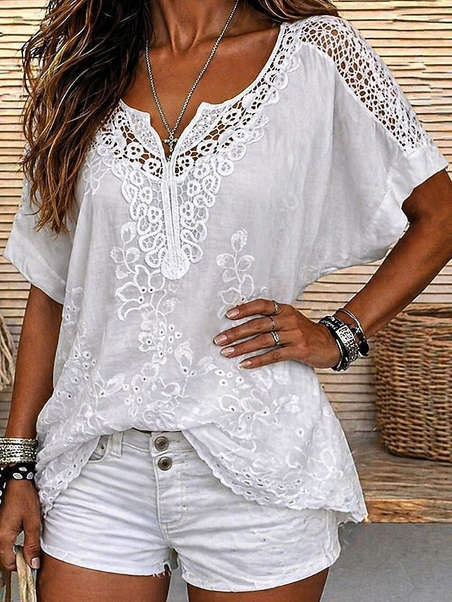 Women's Blouse Lace Solid Color Stylish Casual Short Sleeve