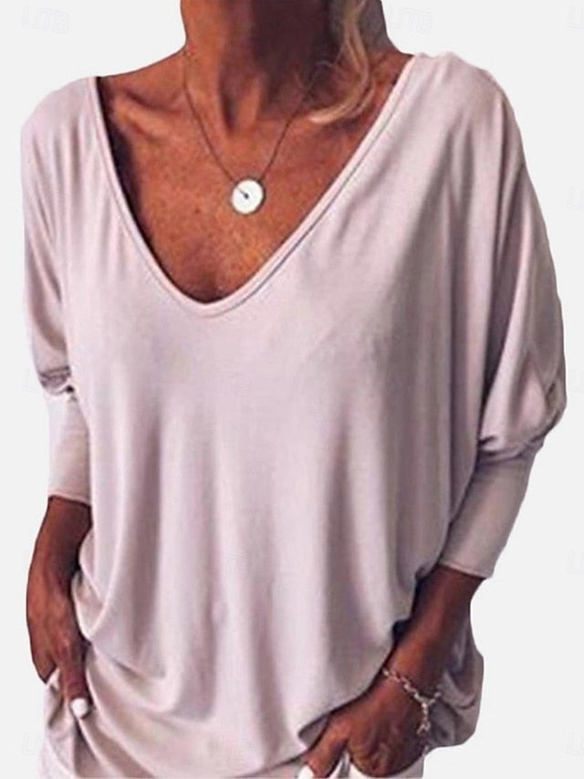 Women's T-Shirt  Solid Color Stylish Casual Long Sleeve V
