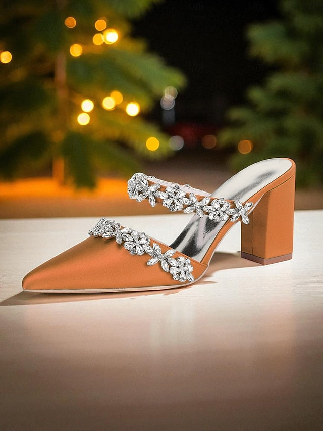 Black Satin Women's Rhinestone Mules Floral with Block Heel