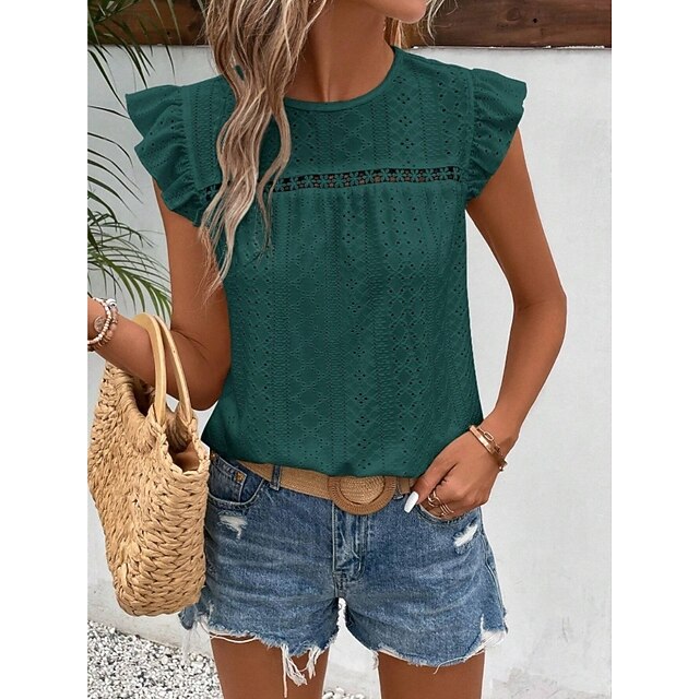 Women's T Shirt Tee Top Ruffle Eyelet Plain Fashion Stylish