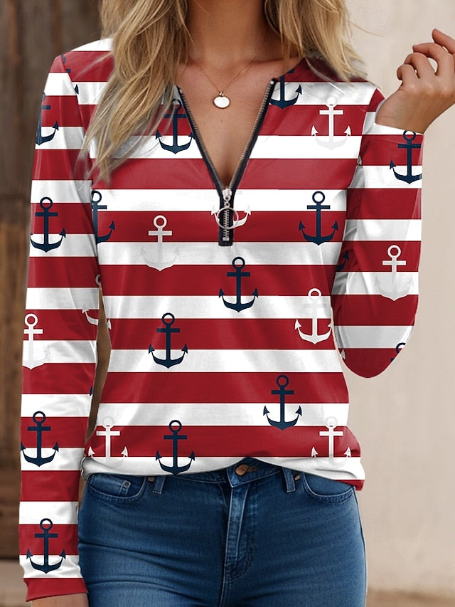 Women's T Shirt Quarter Zip Long Sleeve Casual Floral V