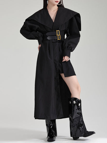 Pleated Black Asymmetric Lapel Waisted Long High Modern Belted