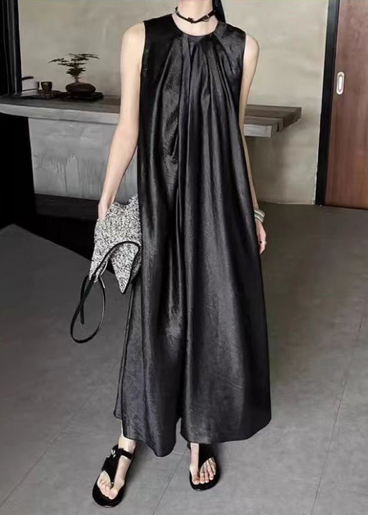 French Apricot O-Neck Solid Silk Long Dress Sleeveless EE036