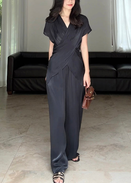 Loose Black Asymmetrical Wrinkled Silk Two Pieces Set Summer EE025