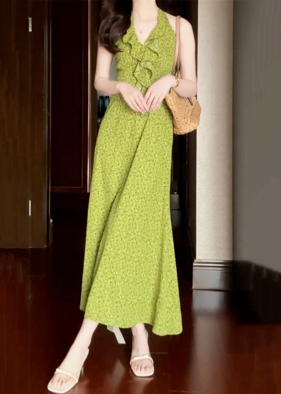 New Ruffled Print Dress Cotton Green Sleeveless Long