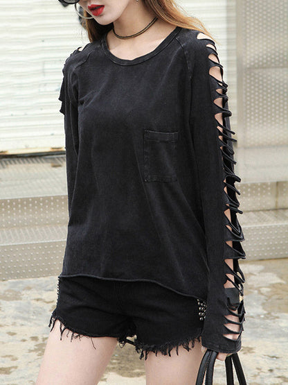 Black Sleeves T-shirt Out Long Round-neck Street Loose Hollow