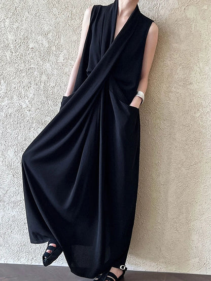 Pockets with Draped Sleeveless Dress Elegant Midi