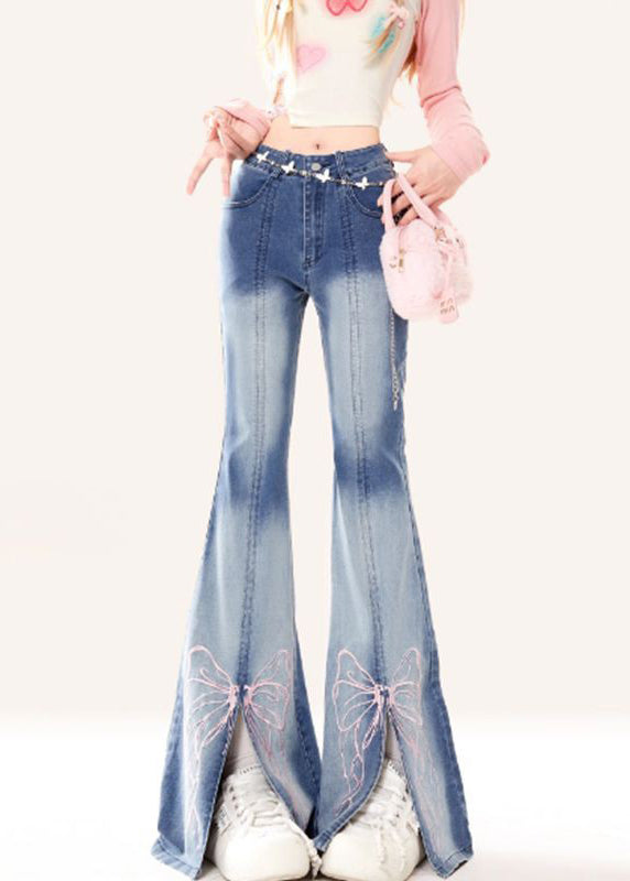 Butterfly Embroidered Style Bottoms Blue Flare Denim Patchwork