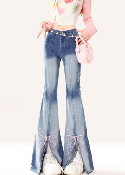 Butterfly Embroidered Style Bottoms Blue Flare Denim Patchwork