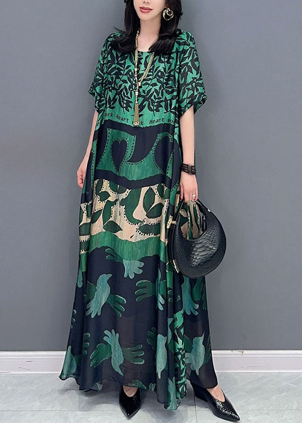 Bohemian black cashew nuts O Neck Pockets Print Patchwork Silk Long Dresses Summer TT1010