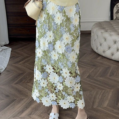 Straight Floral Green Elegant Skirt Embroidery