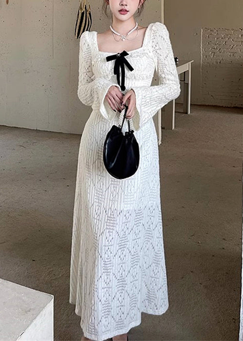 Dresses Hollow Square White Cotton Long Collar Spring Out Elegant