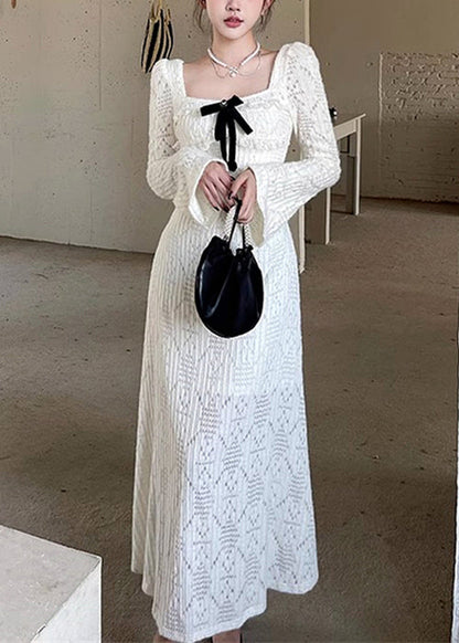 Dresses Hollow Square White Cotton Long Collar Spring Out Elegant