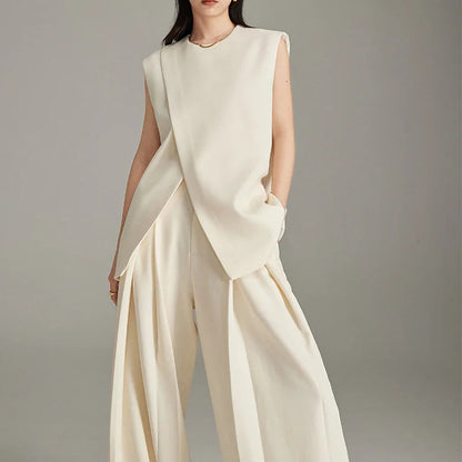 Modern Sleeveless Slit Tunic Top Hem O-neck Cream