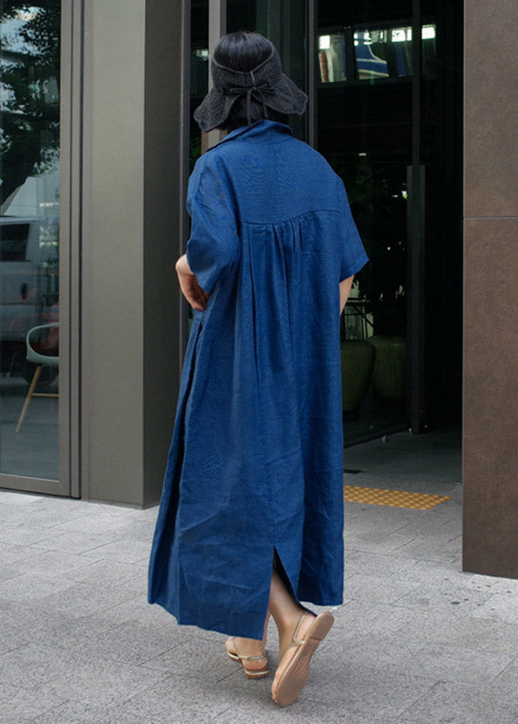 Wrinkled Open Sleeve Side Dress Linen Blue Short