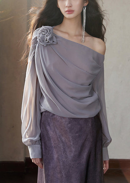 Grey Solid Chiffon Long Fashion Sleeve Asymmetrical Shirt