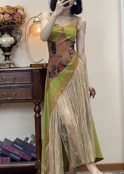 Spaghetti Lace New Green Dress Patchwork Strap Sleeveless
