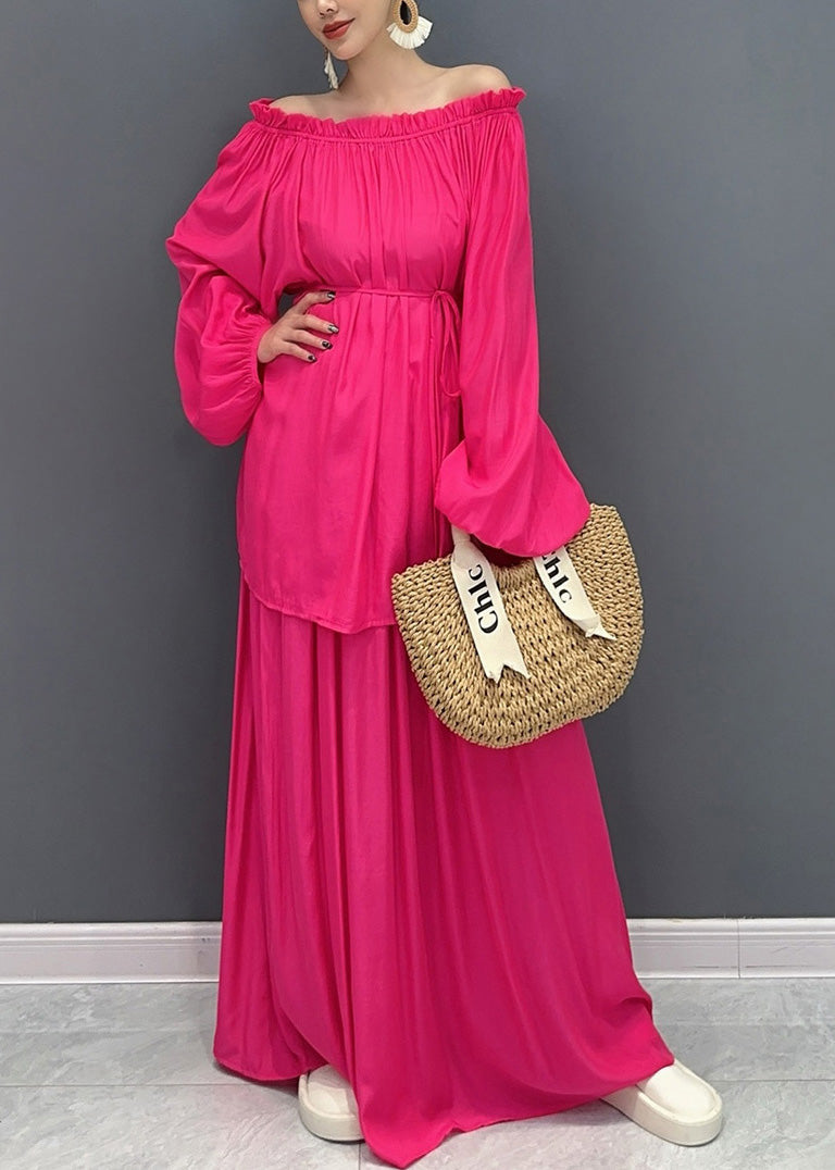 French Black Slash Neck Ruffled Two Pieces Set Lantern Sleeve AO1005