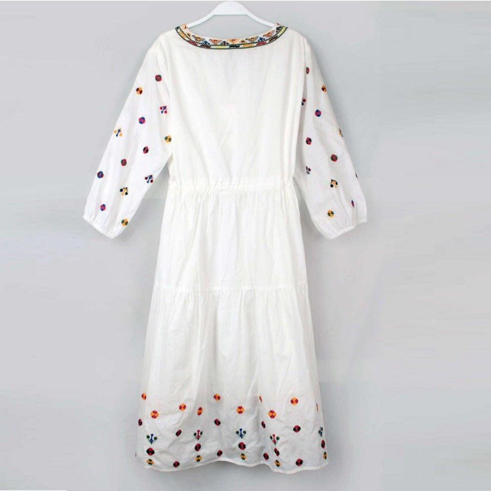 Boho White V-neck Floral Embroidery Lace-up Three-quarter Sleeves Dress AR1020