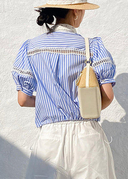 Out Blue Striped Cotton Summer Hollow Fashion Blouses