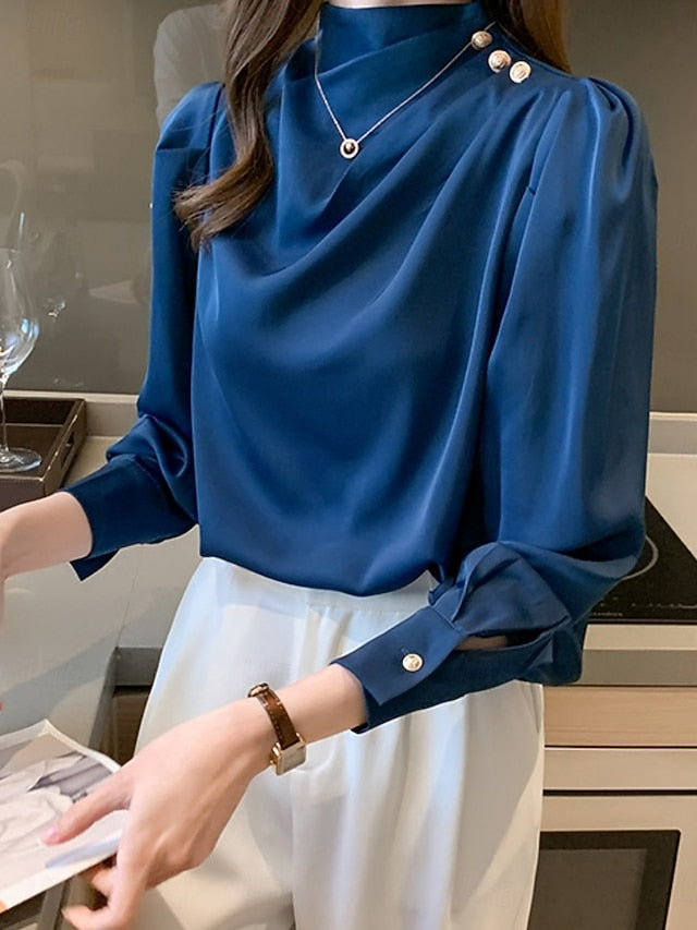 Women's Shirt Elegant Dressy Satin Top Buttons Solid Color