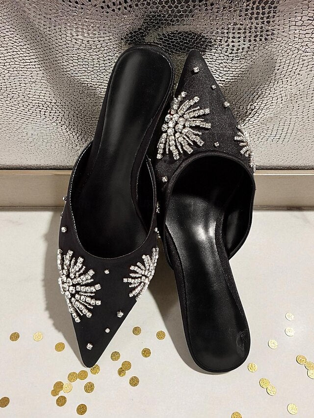 with Pointed Women's Satin Toe Rhinestone Black Mules