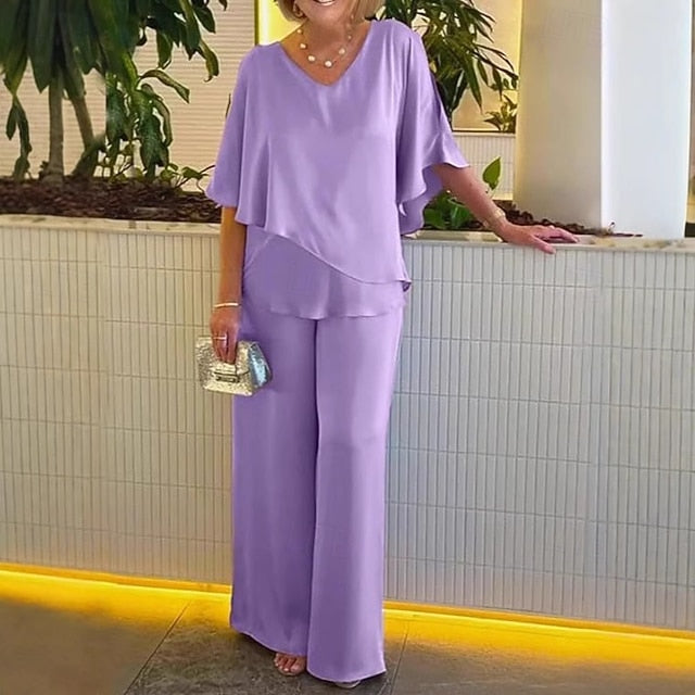 Women's Blouse Wide Leg Pants 3/4 Length Sleeve V Neck