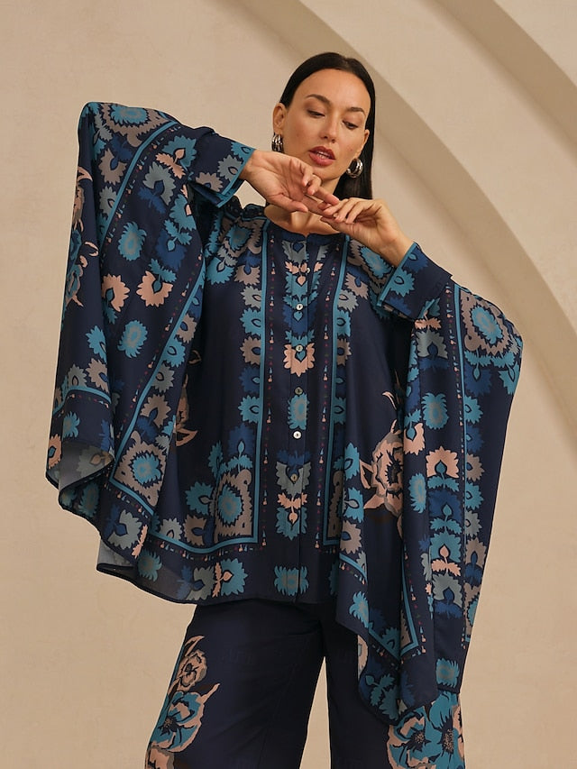 Women's Blouse Chiffon Ethnic Floral Placement Hawaiian