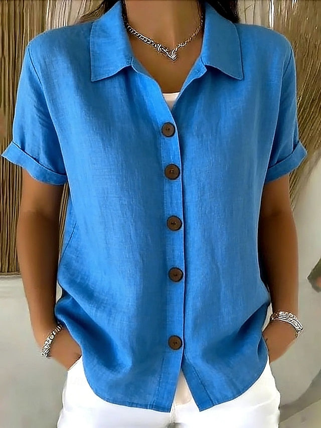 Women's Blouse Buttons Solid Color Stylish Casual Short