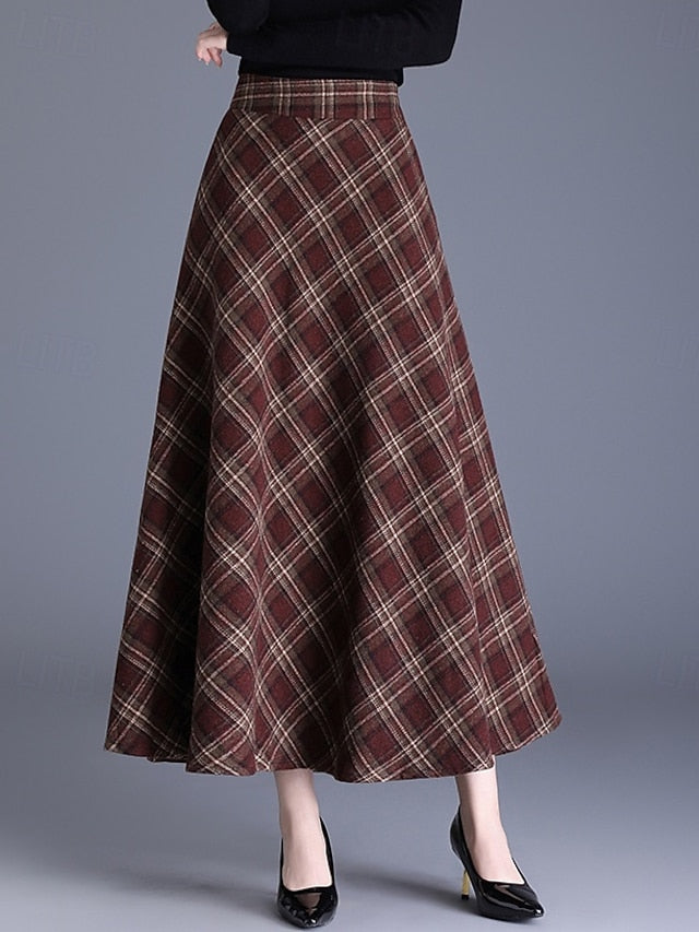 Women's Elegant Retro Vintage Maxi High Waist Skirts Plaid