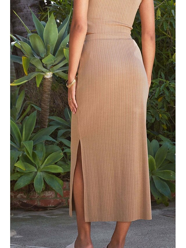 Women's Casual Midi Mid Rise Skirts Plain Split Ends