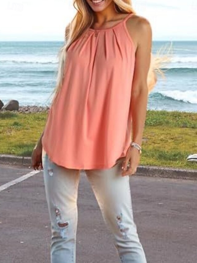 Women's Tank Top Sleeveless Shirt Tee Top Pleats Solid