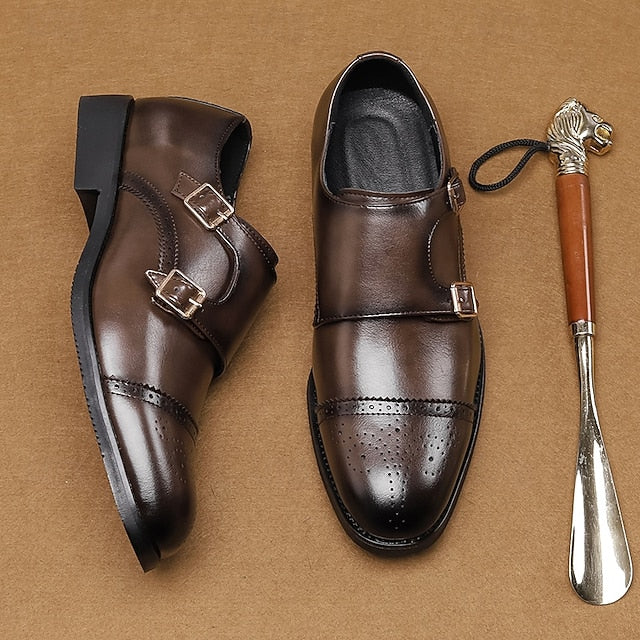 Double Strap with Brown Shoes Men's Leather Monk Faux