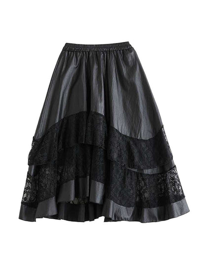 Goth Black Elasticity Layered Irregular Hem Patchwork Lace A-Line Skirt TW023