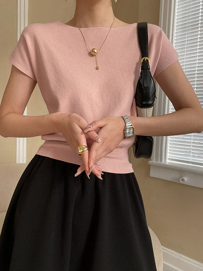 Pink Sleeve Top Short Knit Boat Loose Neck Stylish