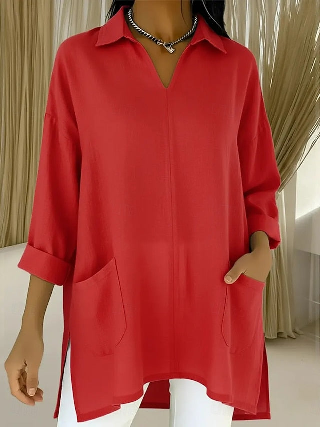 Women's Tunic Cotton Shirt Faux Cotton Linen Pocket Solid