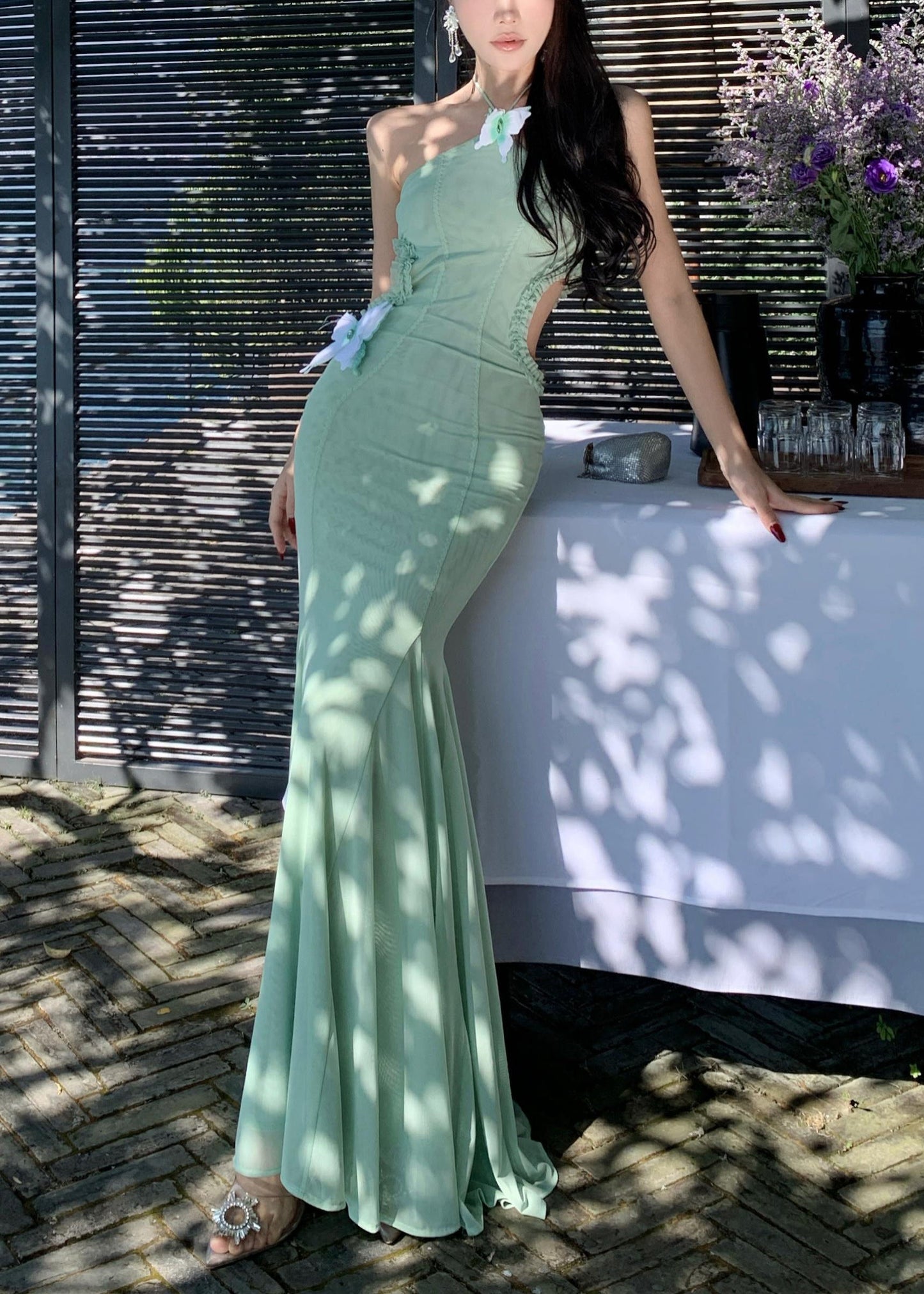 Dresses Butterfly Summer Slim Fishtail Hollow Out Fit Green Tulle