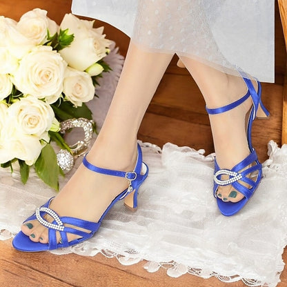 Strappy Heels Dark with Satin Blue Women's Rhinestone